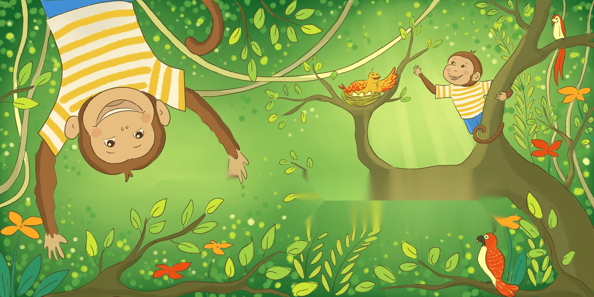 Illustrated background of Groovy's world — treetops, hills, and sky
