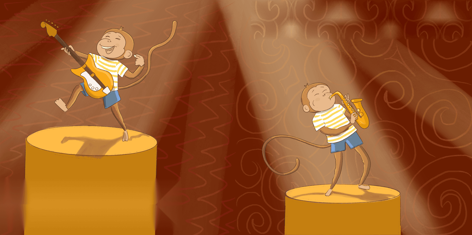 Groovy performing on stage with a guitar and a saxophone, spotlights all around