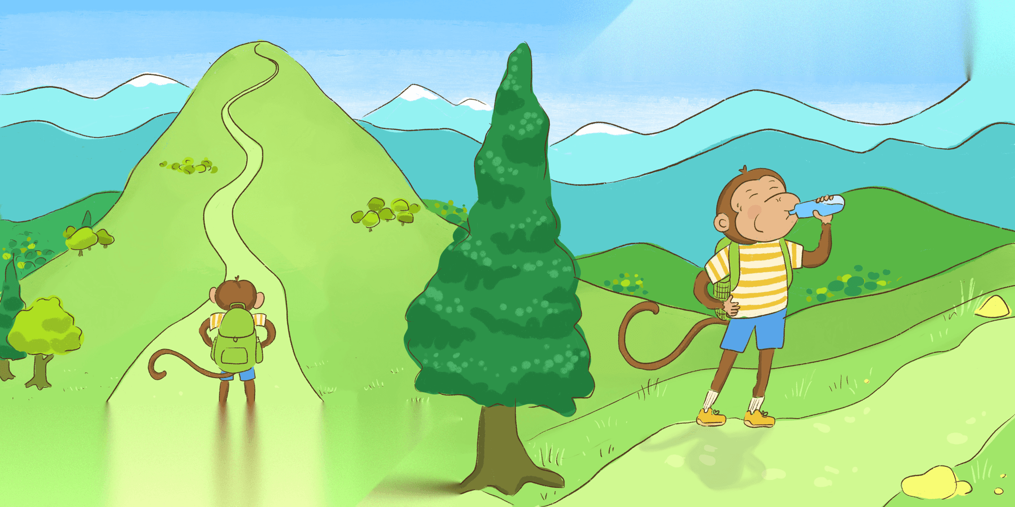 Groovy hiking and biking through green mountains under a blue sky