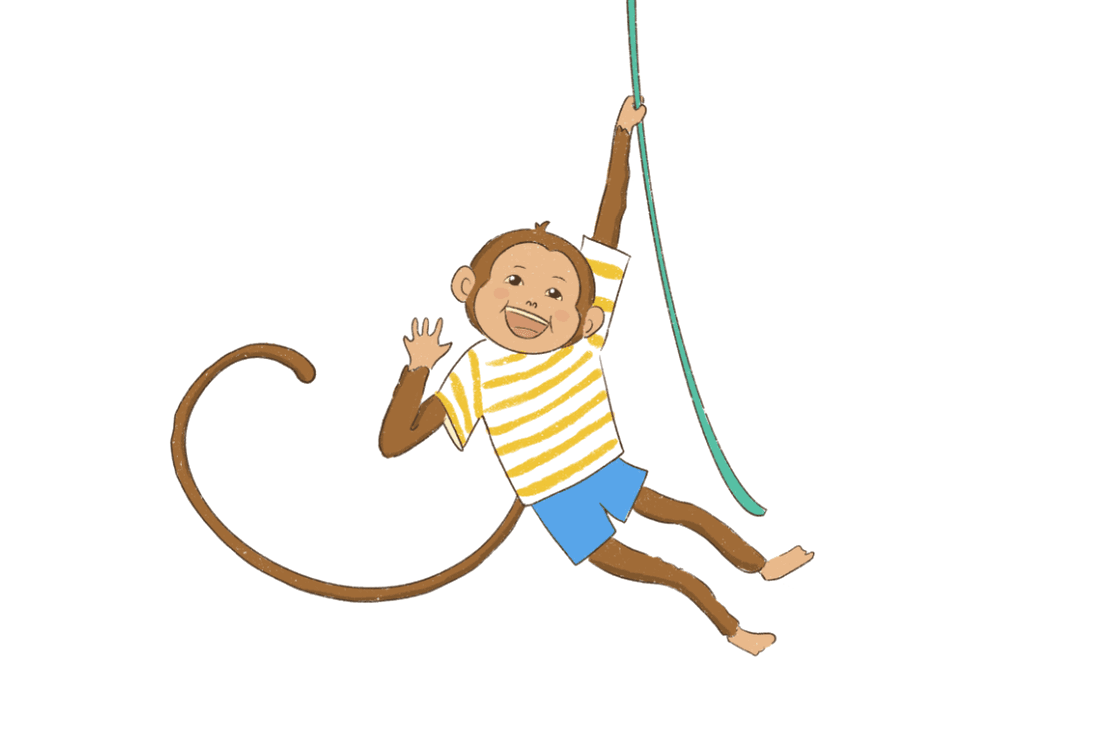 Groovy the monkey standing proudly in his world, surrounded by music notes, leaves, and friends
