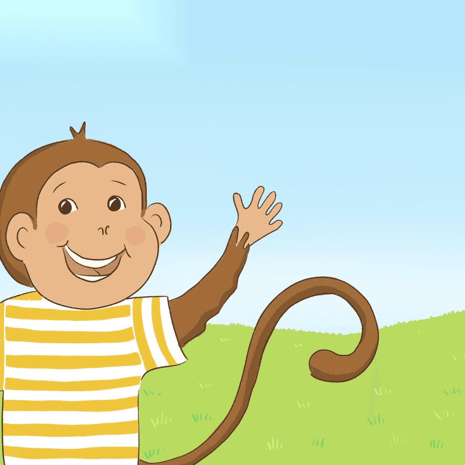 A warm, expressive full-body portrait of Groovy, smiling and mid-adventure
