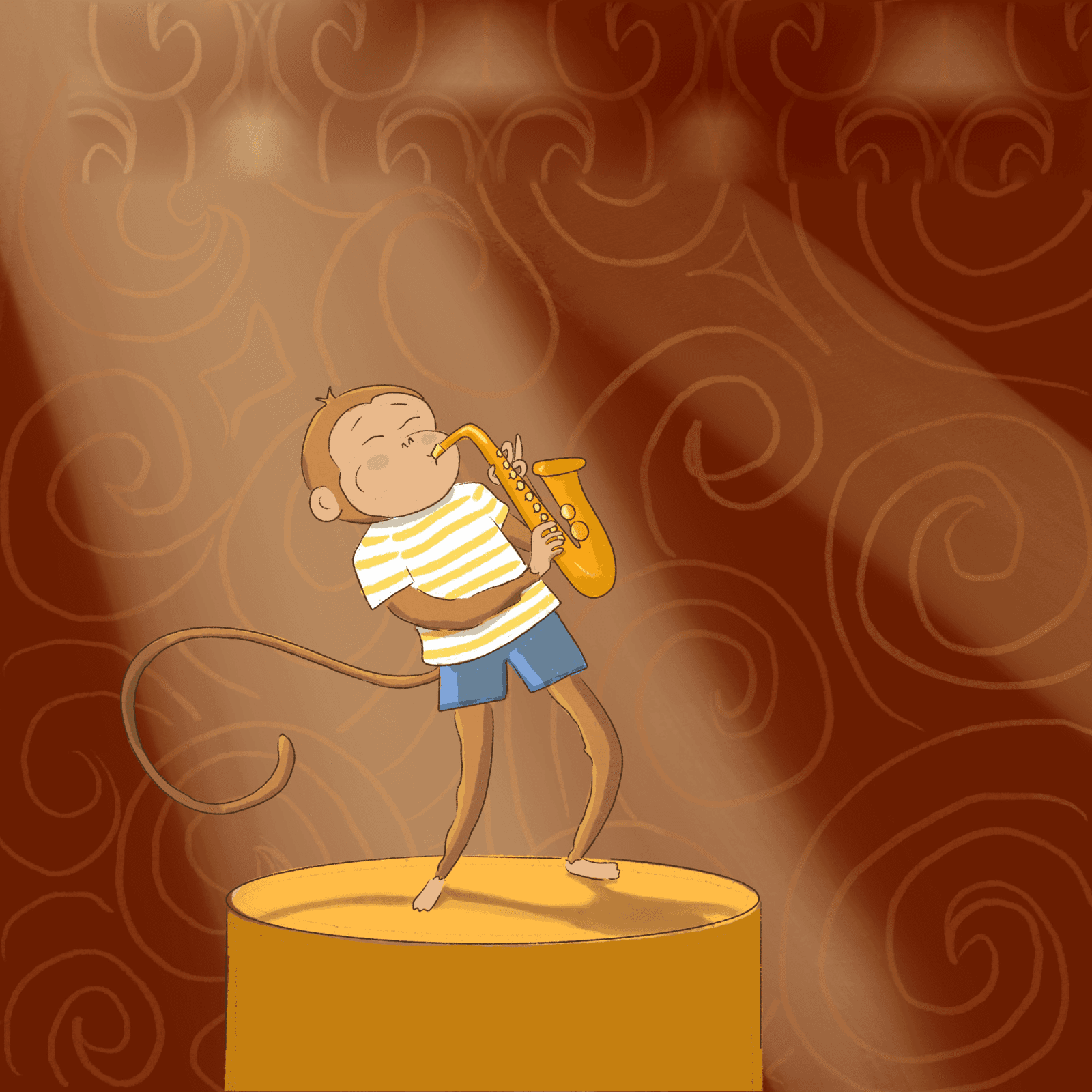 Groovy playing a golden saxophone on stage