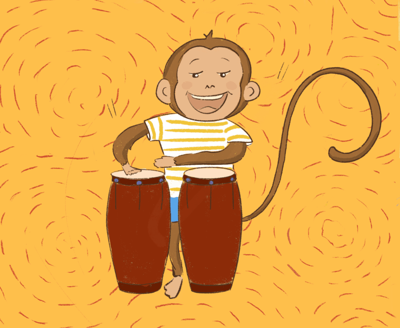 Groovy smiling and playing two tall red drums