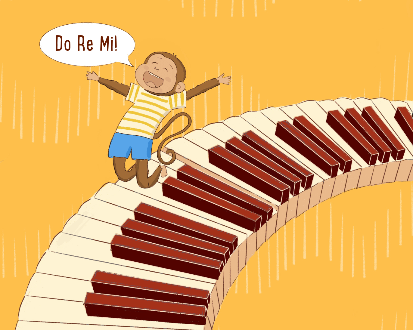 Groovy jumping happily on a giant piano keyboard
