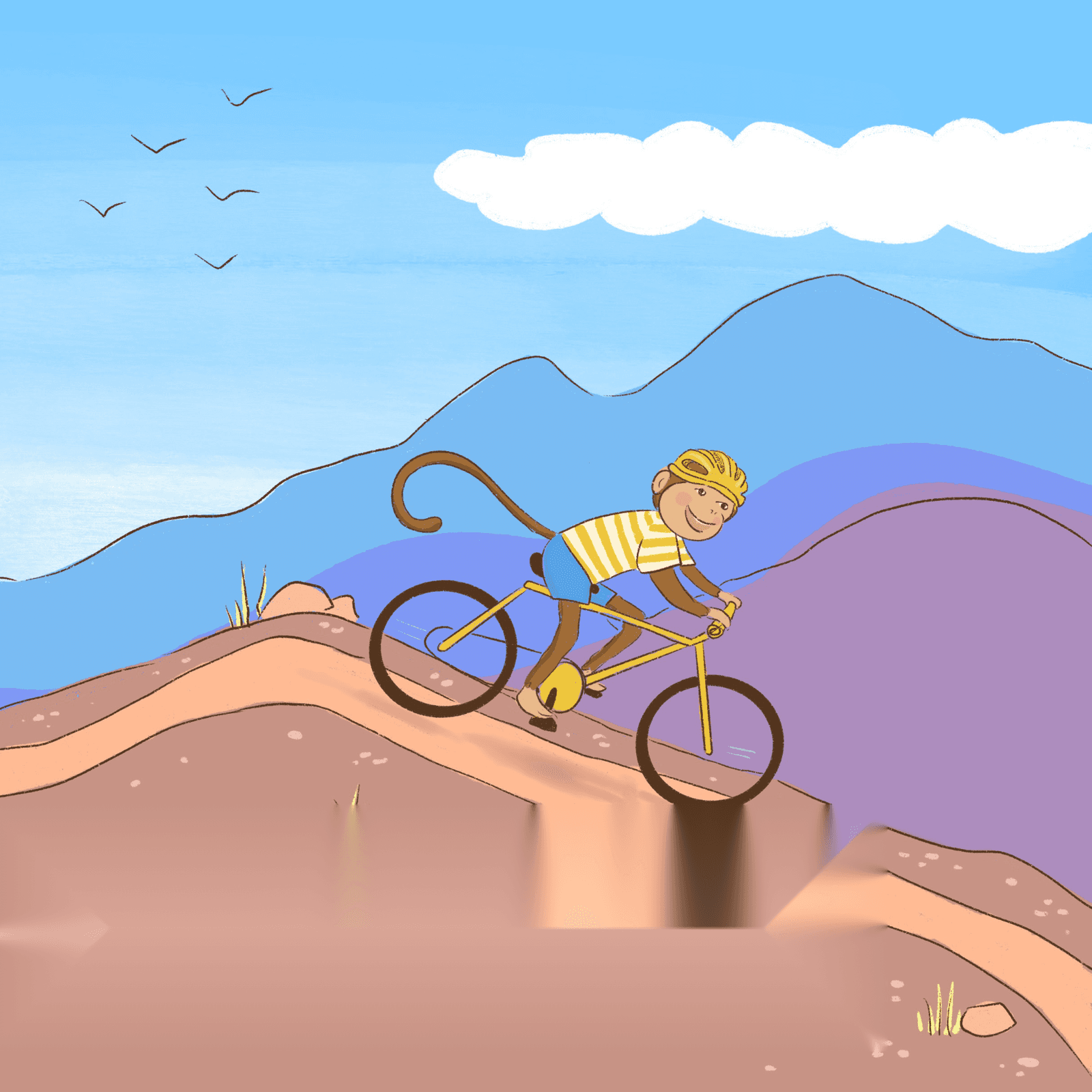 Groovy riding a bike down a mountain trail